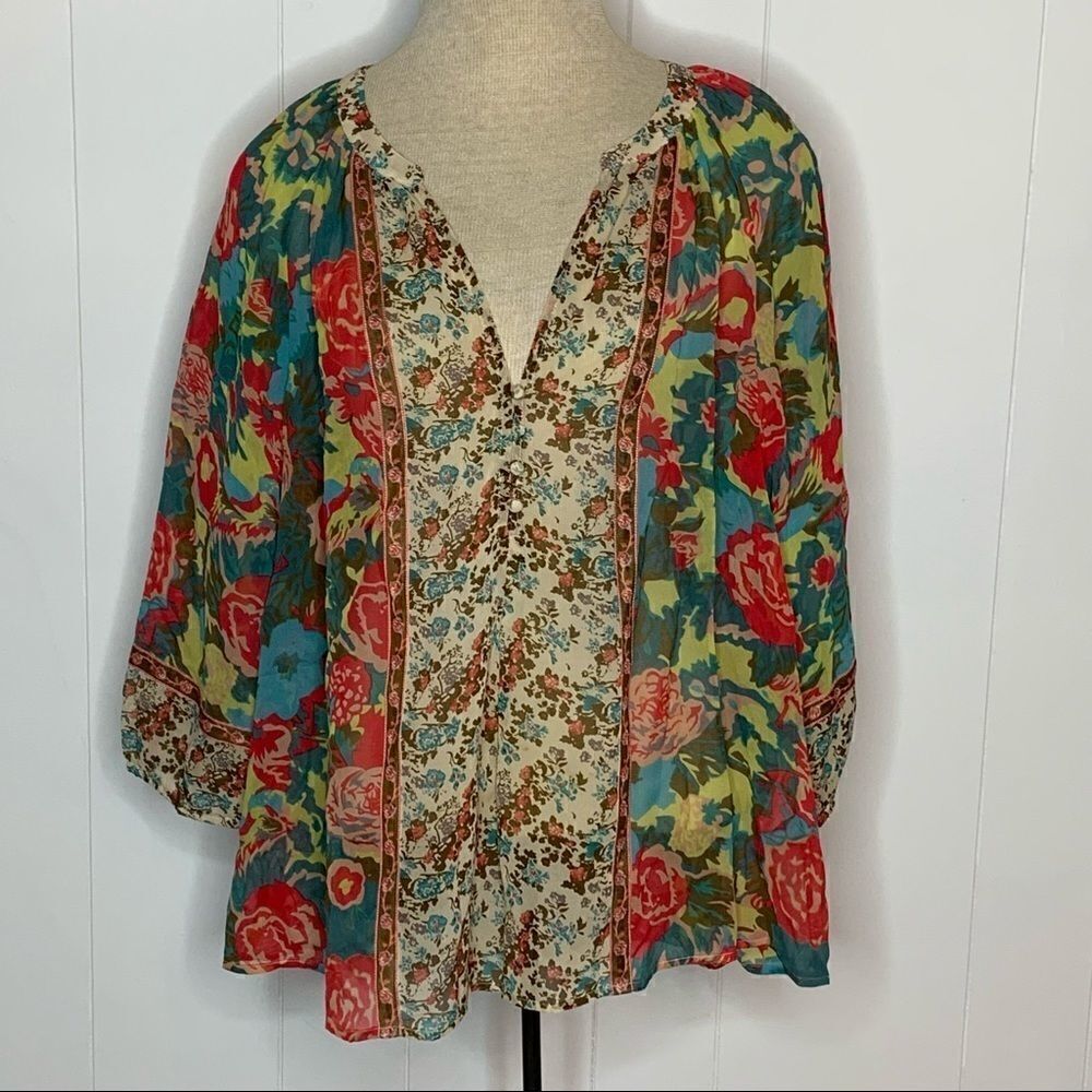 JOIE Womens GLORIA Multicolor Floral SILK V-Neck 3/4 Sleeve Top Blouse Sz Small